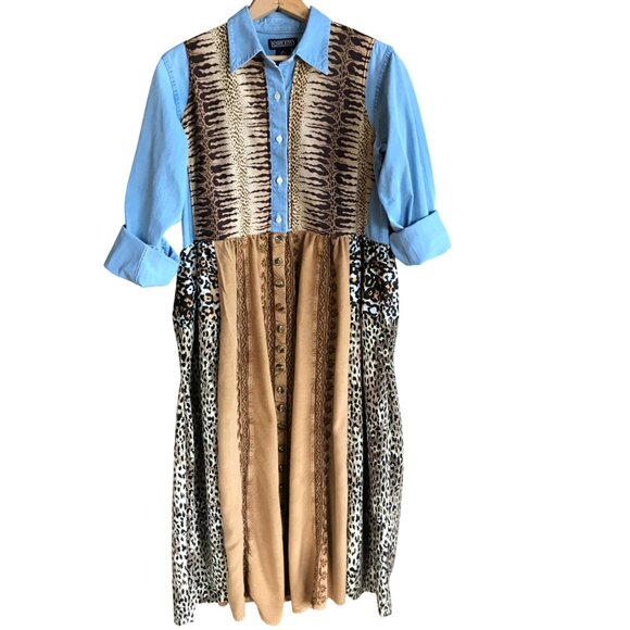 Patchwork Duster Jacket Dress, M: Upcycled Animal Print Button-Down Boho Kaftan - Picture 7 of 13